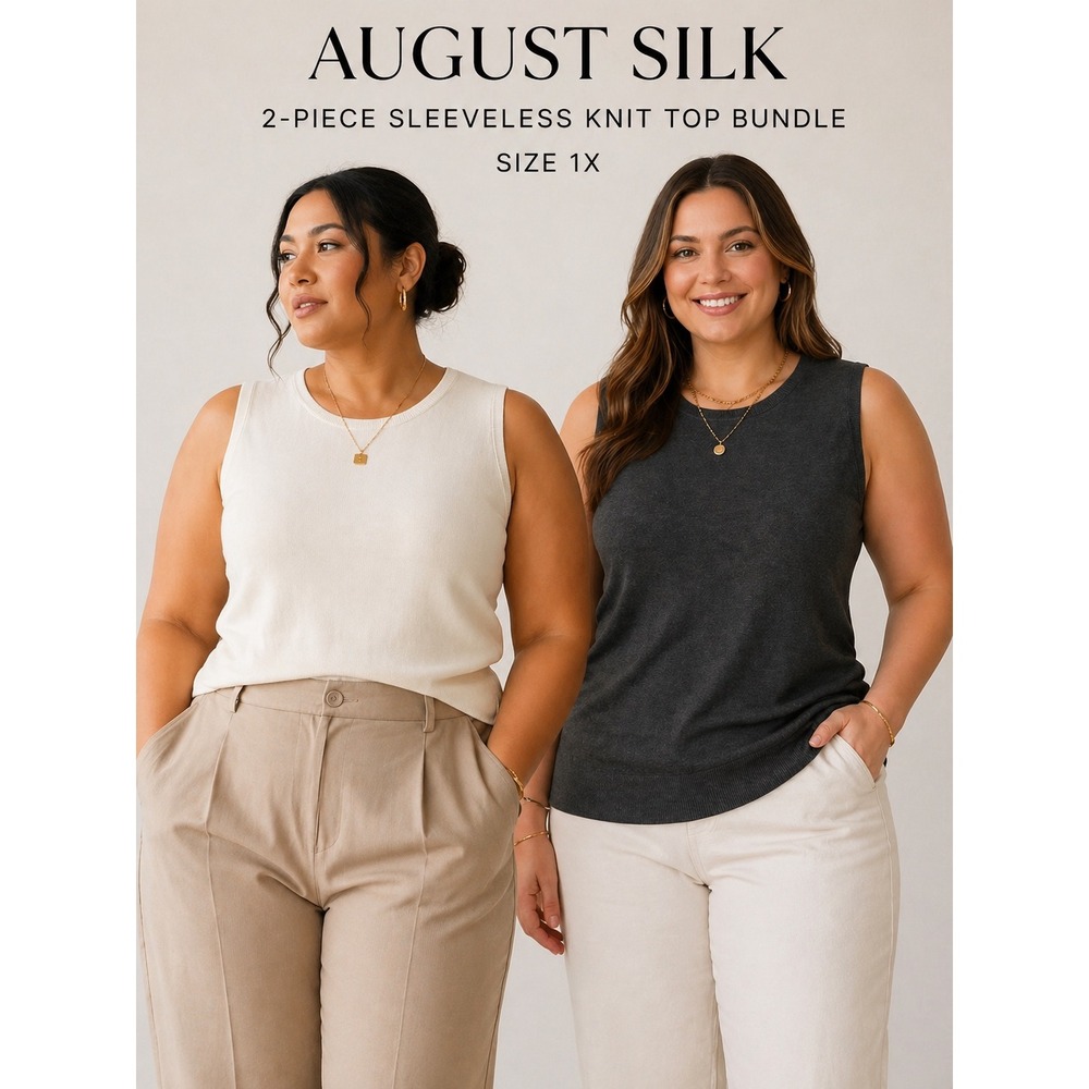 August Silk 2pc Sleeveless Knit Tops Size 1X Ivory Gray Silk Blend Minimal chic